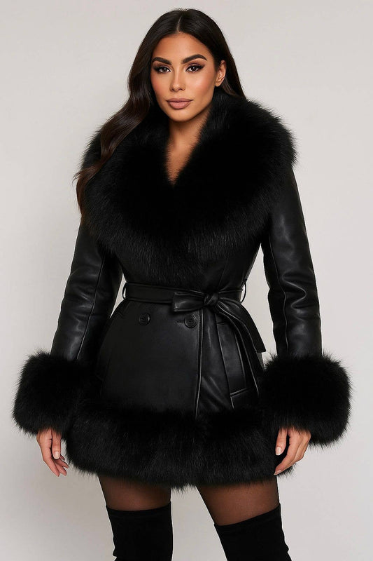 Long Faux Leather & Fur Trim Coat